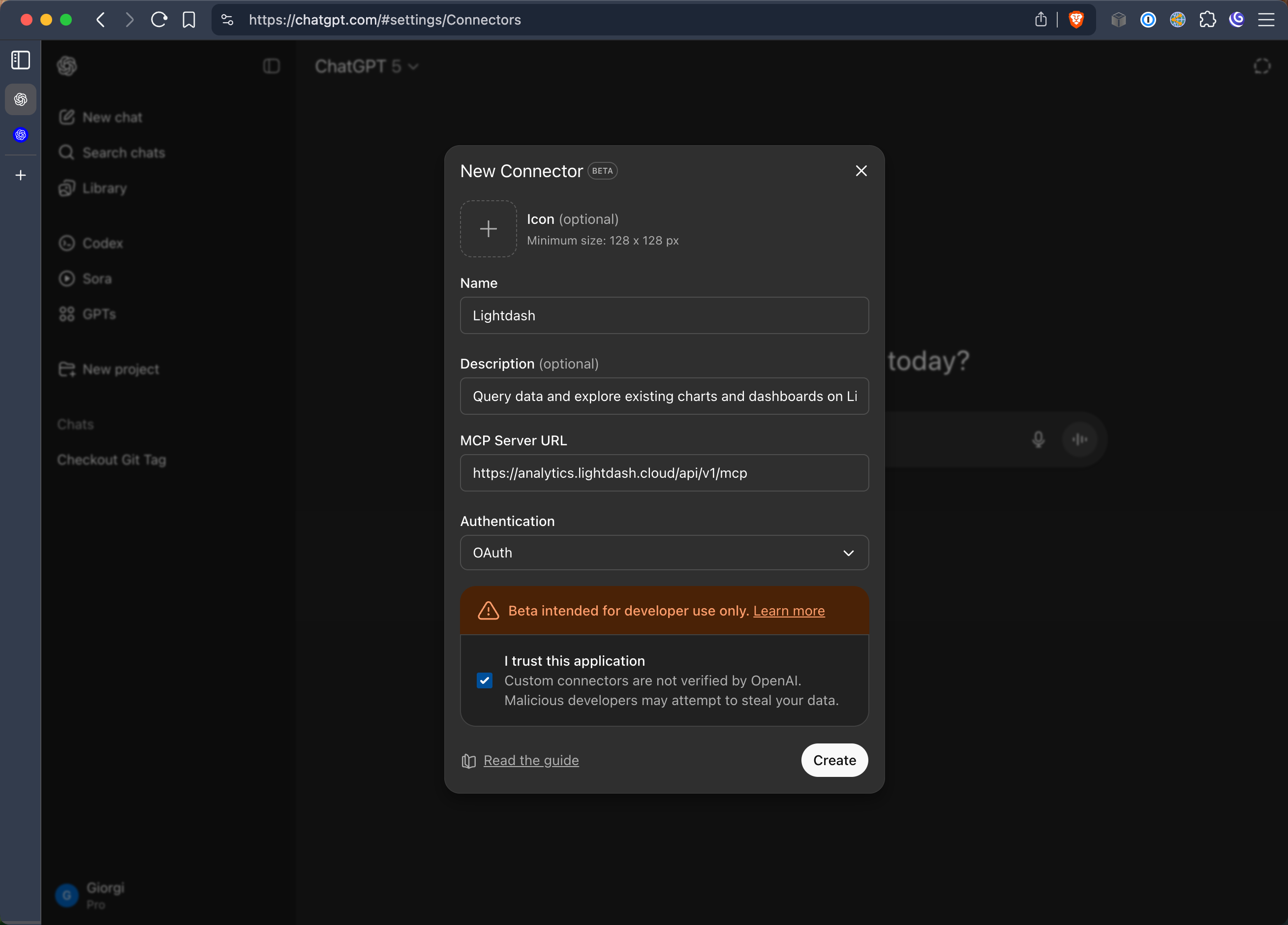 Fill out name, description, MCP URL and select OAuth